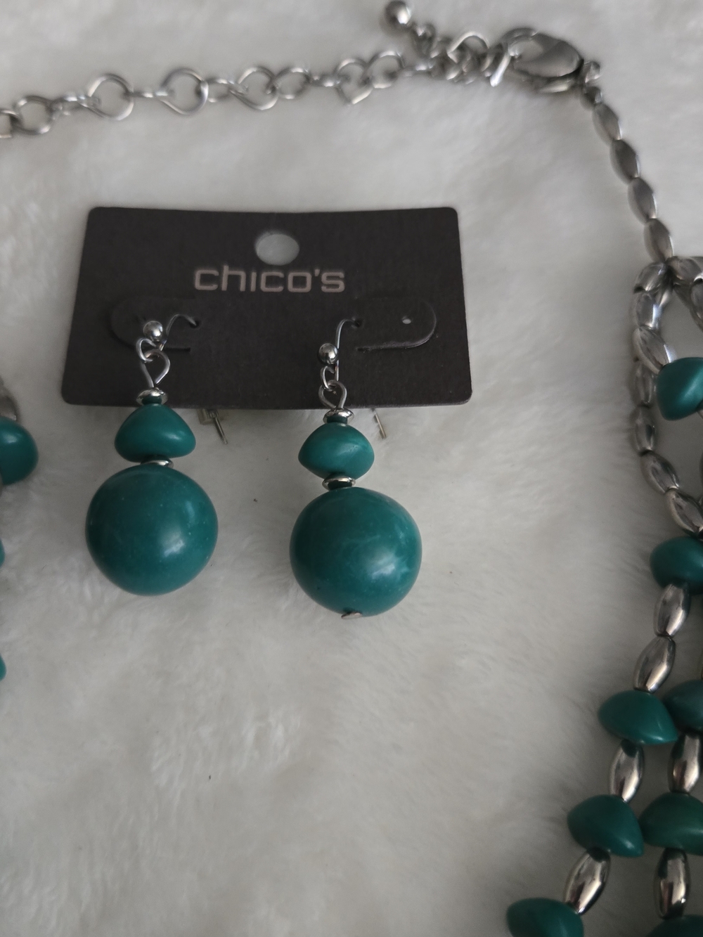 Chico's Teal Multi-Strand Beaded Necklace with Matching Drop Earrings - Picture 6 of 7